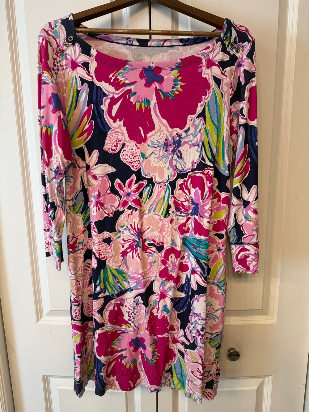 Lilly Pulitzer Pink & Navy Floral Boatneck Long-Sleeve Dress